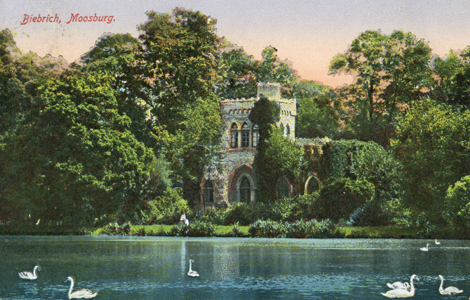 Die Mosburg und der Mosburgweiher im Biebricher Schlosspark (ca. Anfang des 20. Jahrhunderts)